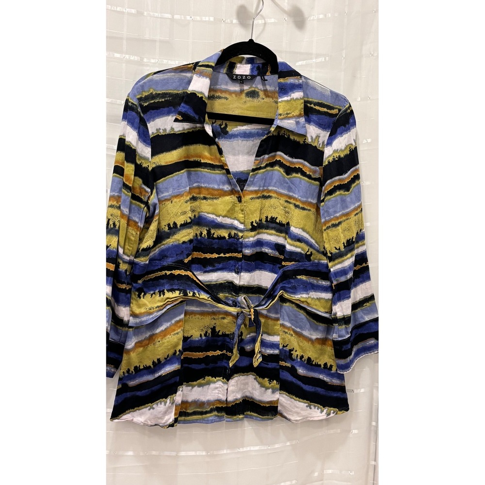Zozo Women Blue Yellow Abstract Stripe Tie Waist Cotton Button Down Shirt Large